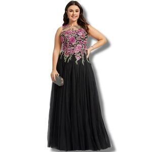 JJs House Women’s Size 6 A Line Scoop Illusion Long Tulle Lace Dress Black NWT